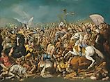 A classical battle, probably depicting the defeat of Hannibal by Scipio Africanus Major (circa 235-183 B.C.).