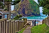 Walking path down to the Haystack Rock in Cannon Beach, Oregon.