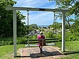 The author's mother sits peacefully on a swinging bench atop a lakeside bluff. Image credit: Andrew Douglas