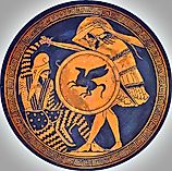 Greek hoplite and Persian warrior fighting each other. Depiction in ancient kylix. 5th c. B.C. National Archaeological Museum of Athens. Image via Wikimedia Commons.