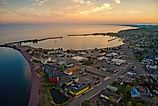 Aerial View of Grand Marais, Minnesota, at sunset.