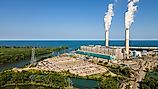 Aerial view of the Monroe Coal-Fired Power Plant on the shore of Lake Erie, Monroe Michigan