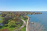 Aerial photograph taken at Lake St. Clair Metropark during the spring time. The recent rainfall has caused all of the water levels to be elevated. Harrison Township, Michigan.