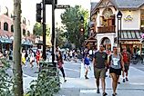Visitors walking and shopping at Banff's main avenue in Alberta