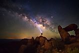 Milky Way at Balanced Rock, Big Bend National Park, Texas, USA. Constellation and galaxy.