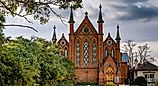 The brick front of the former Congregational, then Presbyterian Church, a landmark in the historic goldfields town in Castlemaine, Victoria, Australia. Editorial credit: lurchman / Shutterstock.com