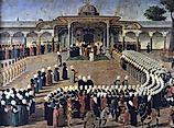 Ottoman Emperor, Selim III, receiving dignitaries during an audience at the Gate of Felicity, Topkapı Palace. Painting by Konstantin Kapıdağlı.