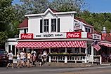 Ephraim, Wisconsin: A group of tourists enter Wilson's Restaurant & Ice Cream Parlor in Door County, Wisconsin on a hot summer day.