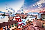 Annapolis, Maryland, USA downtown view over Main Street with the State House