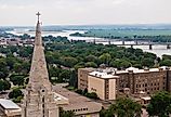 An aerial view of a cathedral near the Missouri river in Yankton, South Dakota