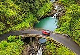 Overlooking waterfalls and one of the famous bridges which is on the Road to Hana, Hawaii.
