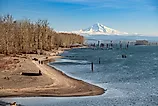 People walking by the river in Hood River, Oregon.