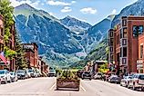 Telluride, Colorado: Small town with city sign, historic architecture, and mountain view. Editorial credit: Kristi Blokhin / Shutterstock.com