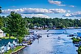 View of boats in Paugus Bay in Laconia, New Hampshire.