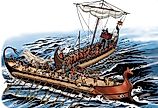 Illustration of Ancient Rome with Roman ship crow ramming Carthaginian ship.