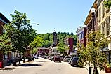 Main Street in village of Saranac Lake in Adirondack Mountains, New York, USA.