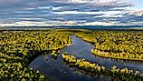 Late afternoon aerial view over the Queensbury, NY, and the Hudson River