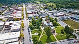 Aerial view of the Historic Courthouse and Downtown Goshen, Indiana.
