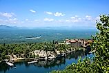 Scenic view of Mohonk Mountain House and Mohonk Lake, located in New Paltz, upstate New York.