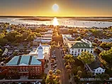 Fernandina Beach, Florida, USA historic downtown cityscape at dusk.