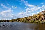 Editorial Photo Credit: Laurie A. Smith via Shutterstock. Beautiful scenic view from the West dam on Patriot`s Park Lake, near Greenville, IL. Formerly Old City Lake, constructed in 1933, is a centerpiece resource in Bond County.