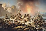 Ottoman troops desperately attempt to halt advancing Russians during the Siege of Ochakov (1788).