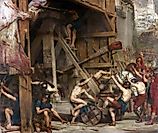 Depiction of Roman soldiers manning a catapult for the attack on Carthage. By Edward Poynter, Public Domain, Wikimedia Commons.
