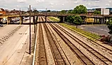 Railroad infrastructure extends through the historic rail corridor in Birmingham, Alabama.