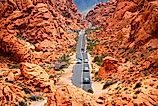 The road through the breathtaking landscape of the Valley of Fire State Park in Nevada.