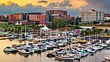Erie, Pennsylvania, USA downtown on the bayfront at dusk.