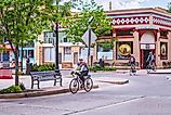 Winslow Arizona, USA. Cyclist traveling along route 66