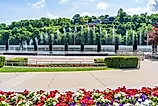 Gardens and fountains at Branson Landing in Branson, Missouri.