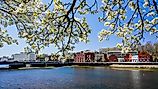 View from Westport bridge over Saugatuck river and architecture near downtown in beautiful spring day