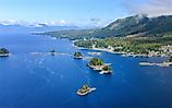 Aerial views of small islands at Misty Fjords National Monument. Alaska along the Alaska Marine Highway.