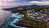 Aerial, drone view of the spectacular Coolum Beach and Sunshine Coast city.