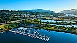 Aerial view of the Hood River Marina at sunrise.