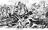The decisive confrontation between Alexander the Great's forces and Darius III's Persian army at Gaugamela in 331 BCE. Old vintage illustration, 1880.