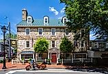 Indian 111 Classic Motorbike parked outside The Red Fox Inn and Tavern in Middleburg, Virginia. Image credit Nigel Jarvis via Shutterstock