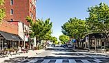 Wide-angle view of the Cultural District, on Main Street in downtown Rock Hill, South Carolina.