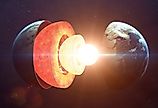 A cutaway of Earth's interior, with the solid inner core nested inside the liquid outer core.