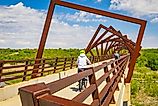 Panoramic view of High Trestle Trail Bridge in Madrid Iowa during summer recreation season.