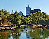 Kayaks on the Charles River Esplanade in Boston, Massachusetts.