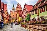Beautiful streets in Rothenburg ob der Tauber with traditional German houses, Bavaria, Germany. 