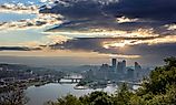 Pittsburgh city downtown aerial view on cloudy day from Point of view park