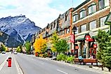 Street view of famous Banff Avenue in Banff National Park. Banff is a resort town and central shopping district of Alberta's most popular tourist destinations.