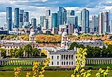 Canary Wharf skyscrapers seen from Greenwich park, London, UK
