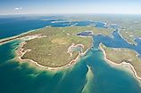 Air photo of the Les Cheneaux Island chain located in Lake Huron, Michigan.