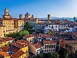 Aerial cityscape of Bergamo’s old town, Italy. 