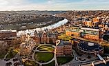 Morgantown, West Virginia: Aerial drone panoramic shot of the downtown campus of WVU, with the river in the distance. Editorial credit: Steve Heap / Shutterstock.com