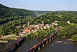 Aerial view of the town of Harpers Ferry, West Virginia.